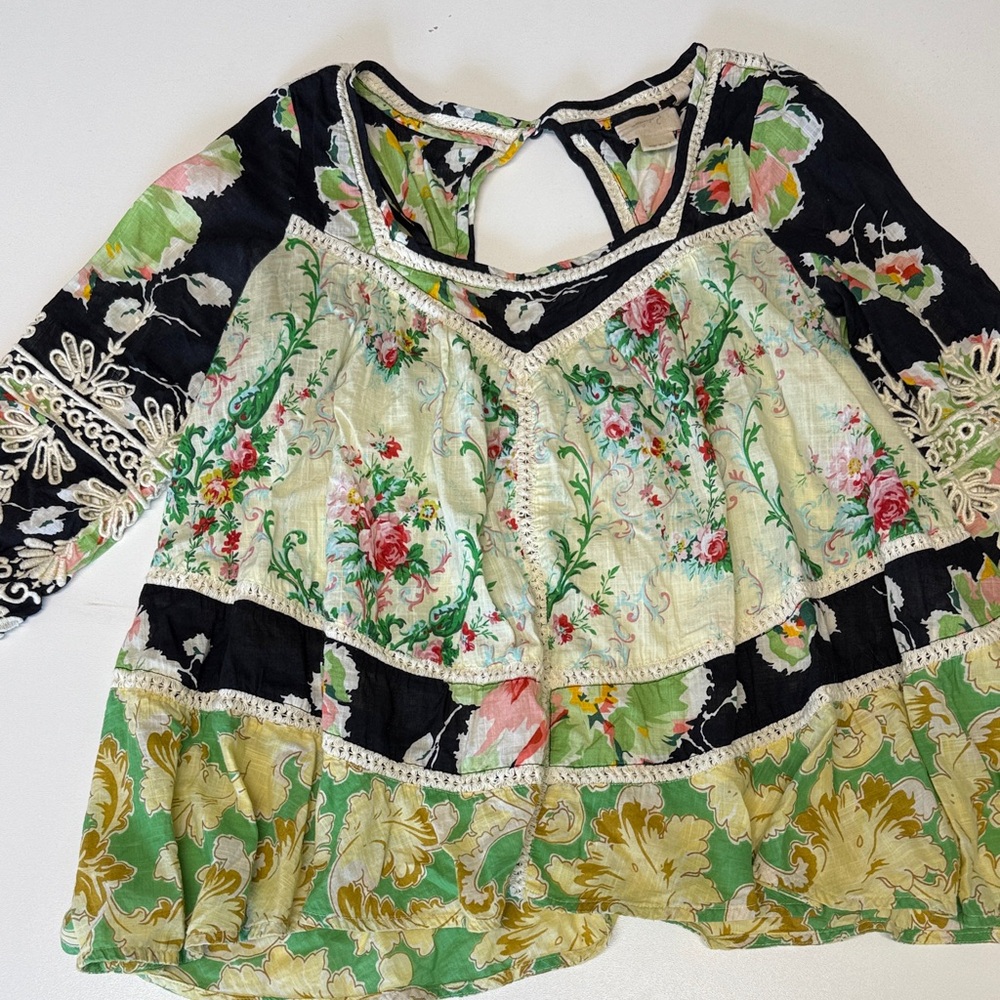 Anthropologie Mixed Floral Tiered Boho Tunic in Black, Green, Cream
